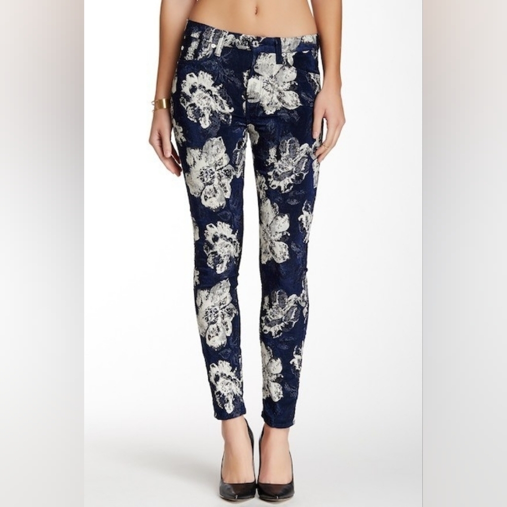 Sz 23 7 For All Mankind Jacquard Ankle Skinny Jeans Navy White Floral Pattern